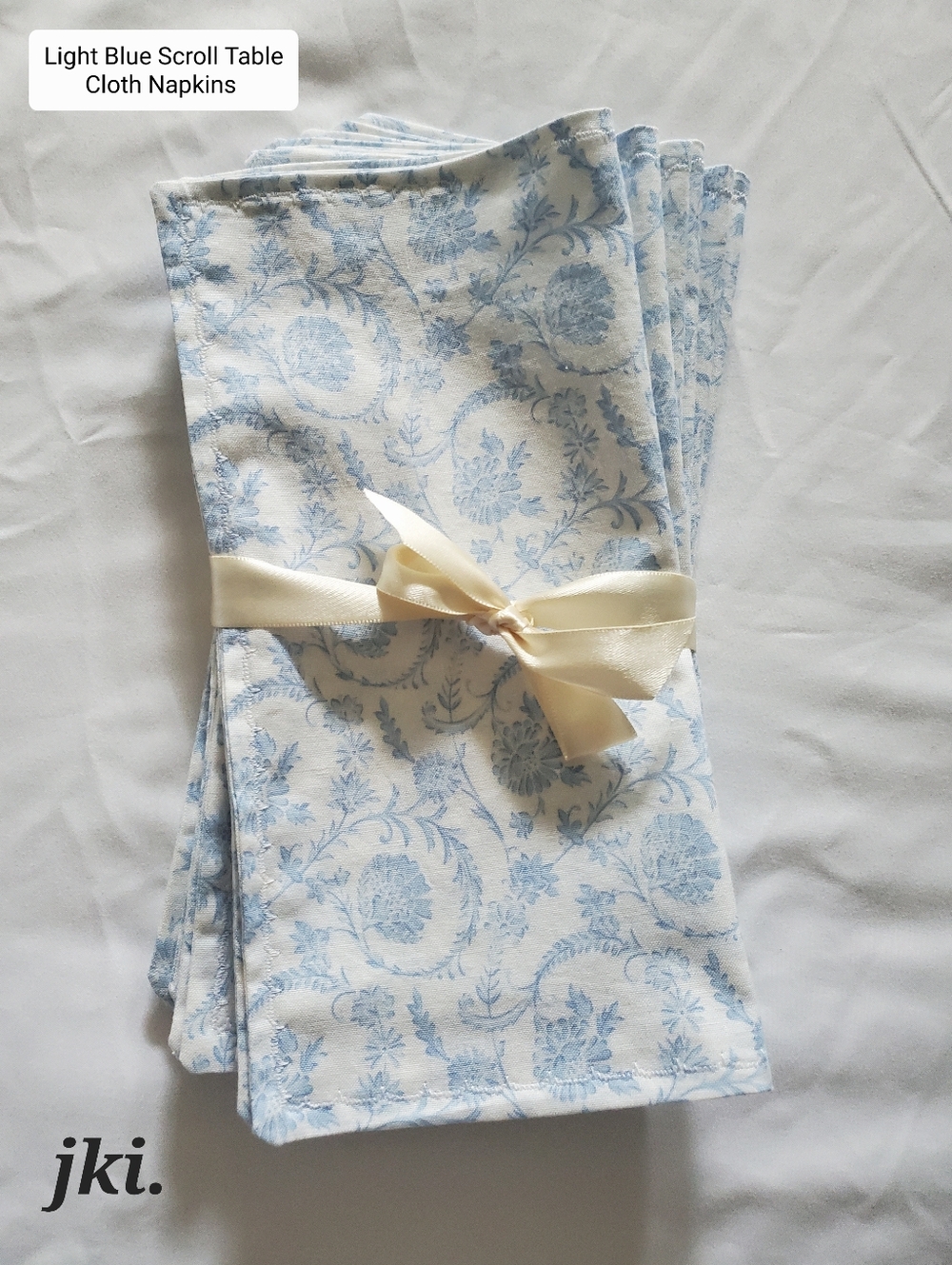 6/set Table Cloth Napkins 100% Cotton Light Blue Scroll